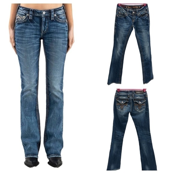 Rock Revival Women’s size Noelle Boot Cut Blue Jeans Pockets Distressed - Picture 1 of 13